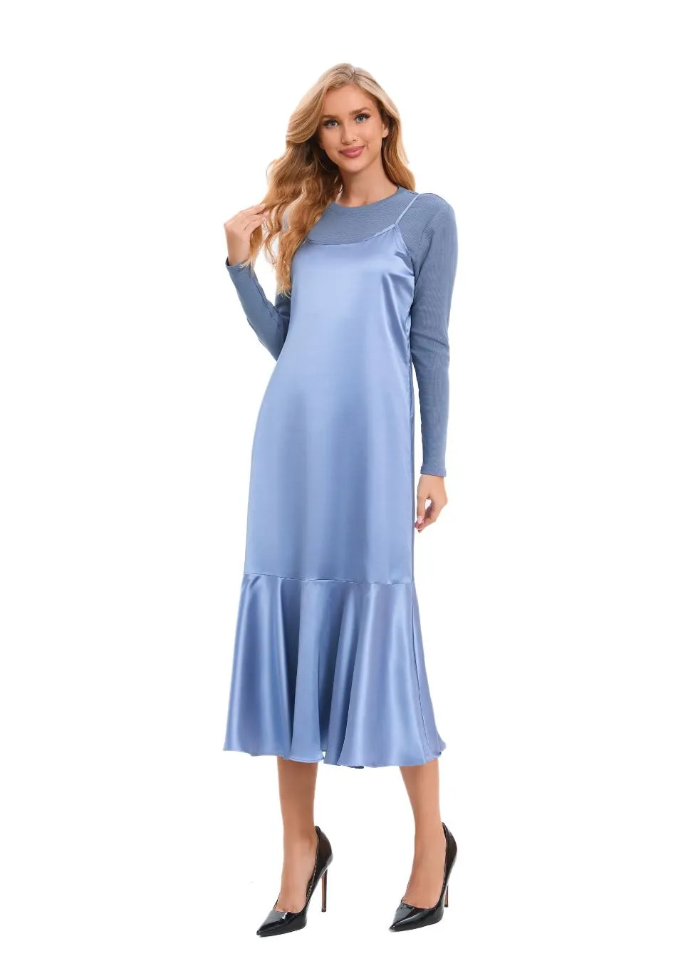 Satin Blue Midi Slip Dress Only