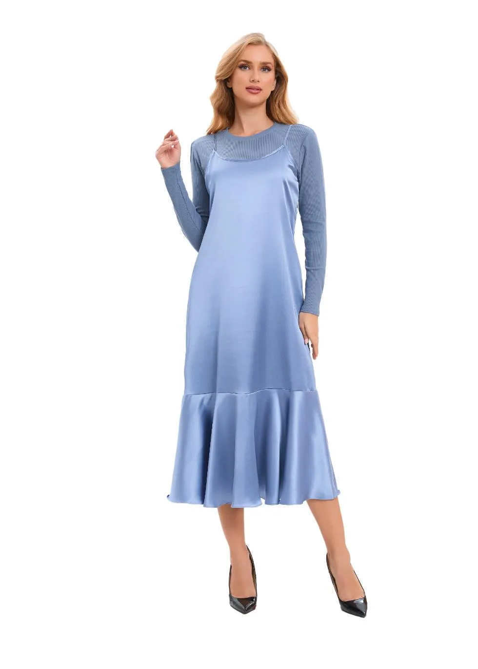 Satin Blue Midi Slip Dress Only