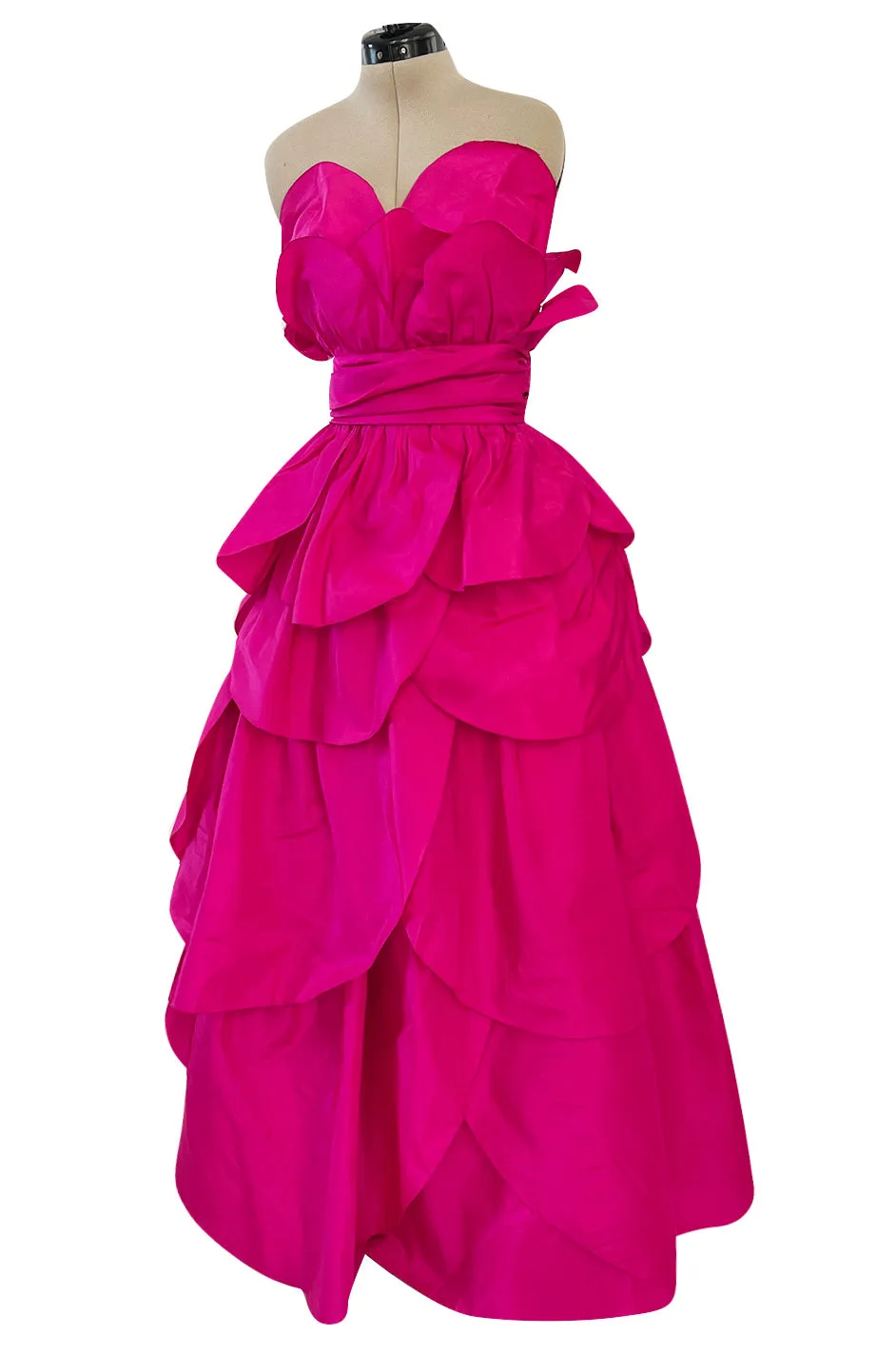 Stunning 1980s Loris Azzaro Strapless Bright Pink Silk Taffeta Layered 'Petal' Dress