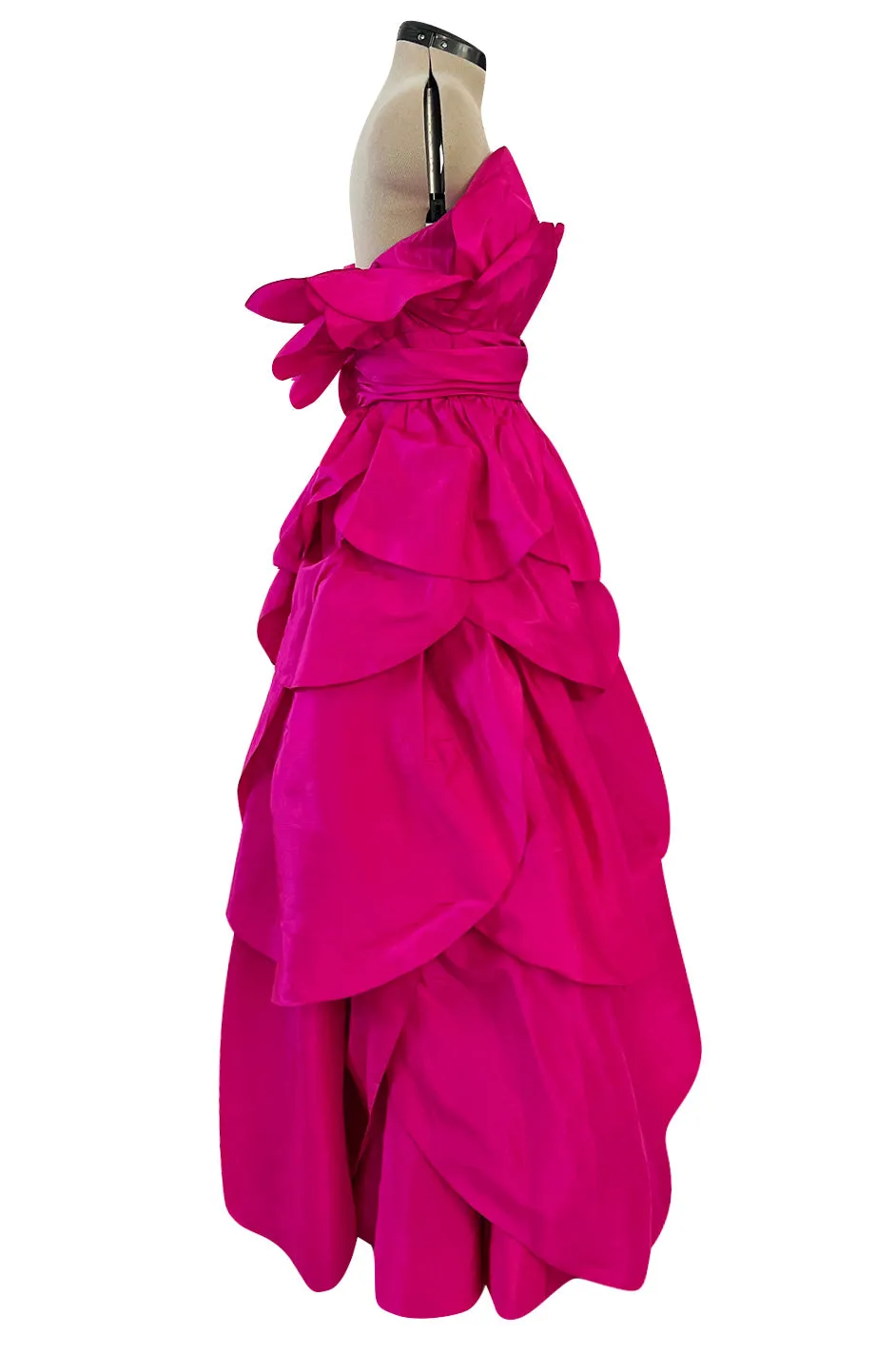 Stunning 1980s Loris Azzaro Strapless Bright Pink Silk Taffeta Layered 'Petal' Dress