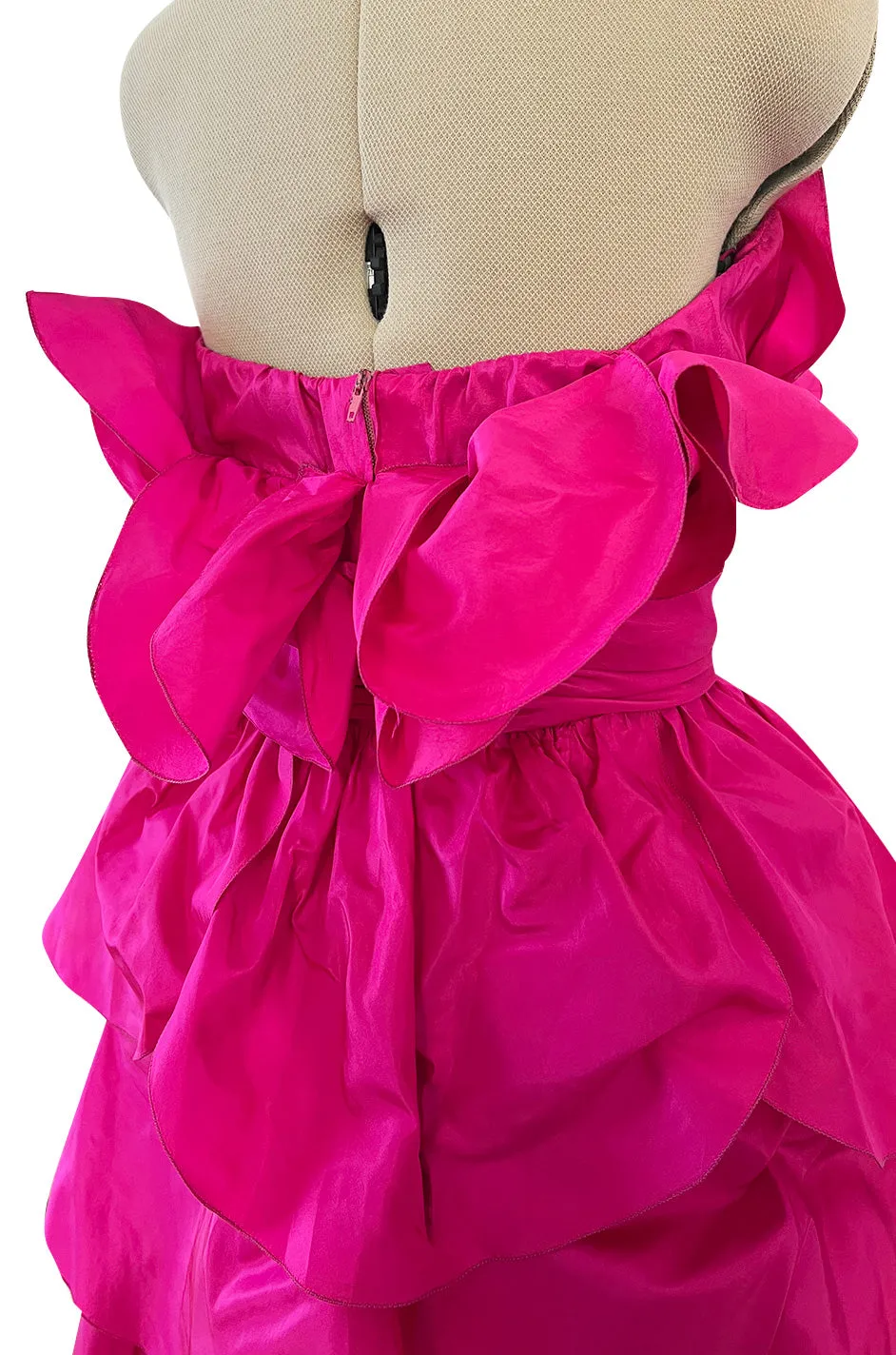 Stunning 1980s Loris Azzaro Strapless Bright Pink Silk Taffeta Layered 'Petal' Dress