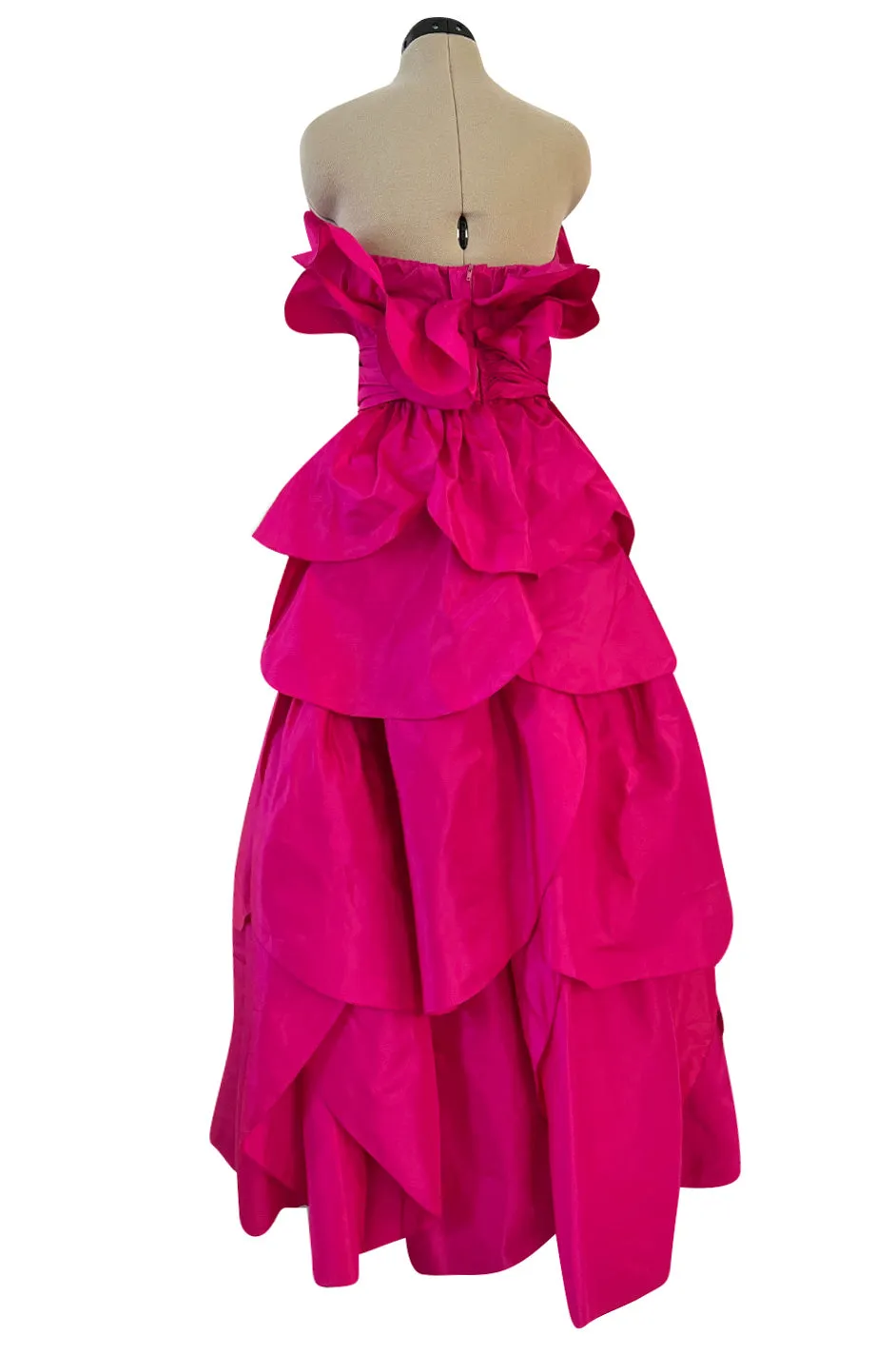 Stunning 1980s Loris Azzaro Strapless Bright Pink Silk Taffeta Layered 'Petal' Dress