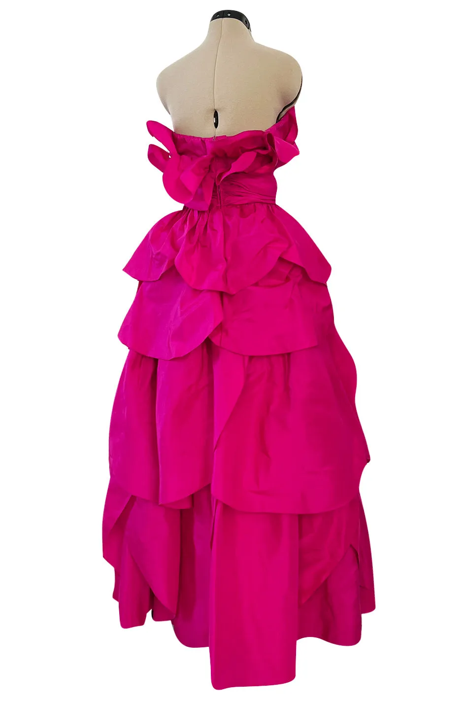 Stunning 1980s Loris Azzaro Strapless Bright Pink Silk Taffeta Layered 'Petal' Dress