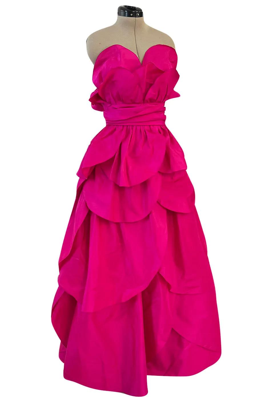 Stunning 1980s Loris Azzaro Strapless Bright Pink Silk Taffeta Layered 'Petal' Dress