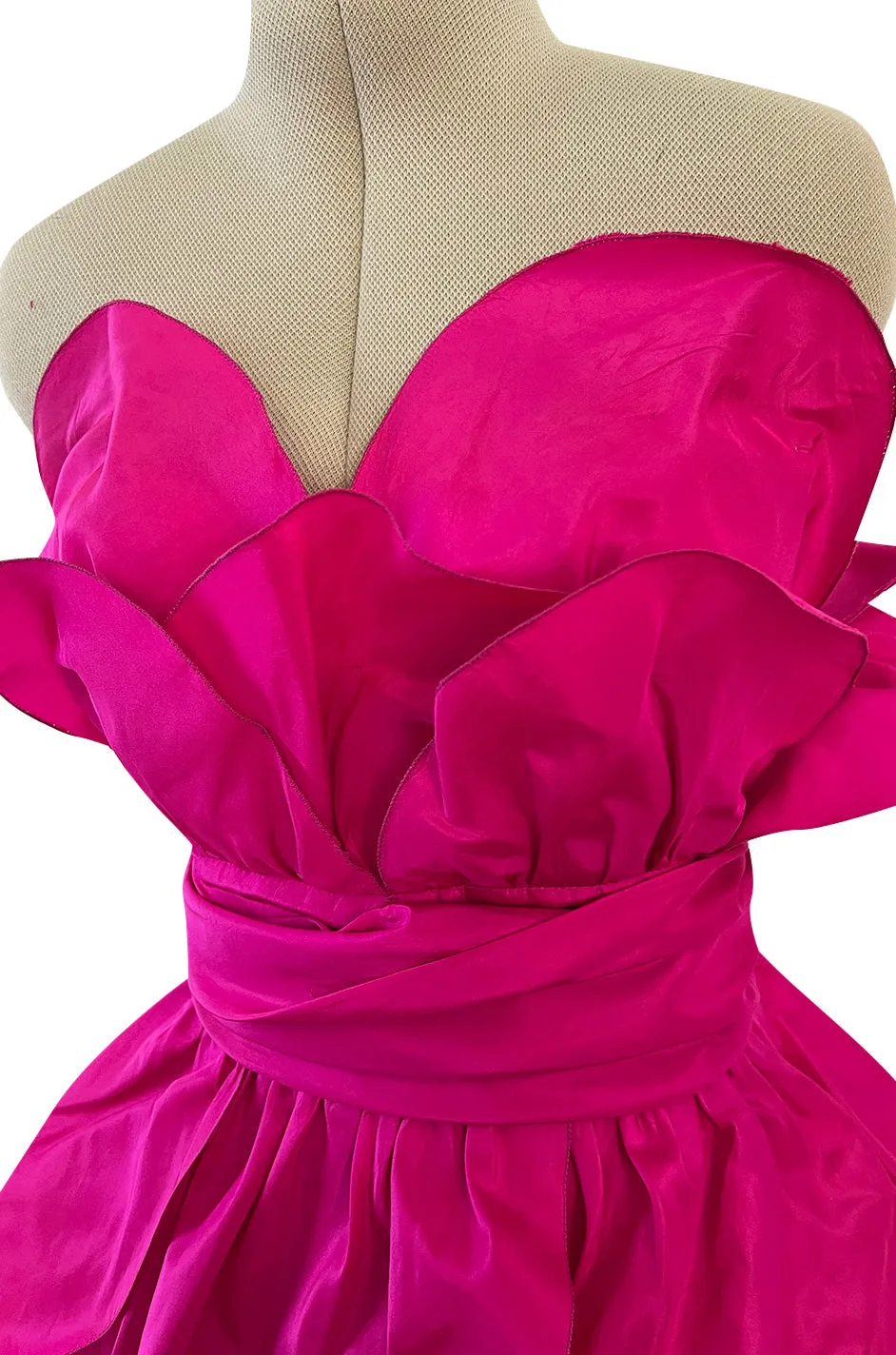 Stunning 1980s Loris Azzaro Strapless Bright Pink Silk Taffeta Layered 'Petal' Dress