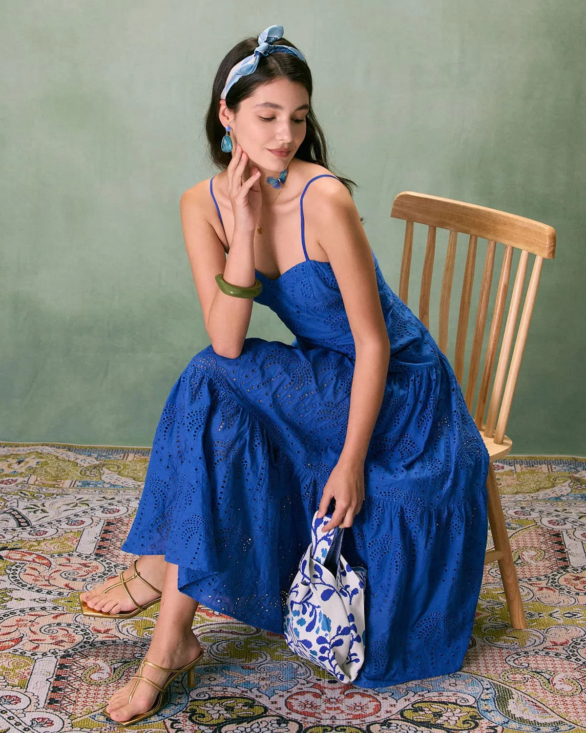 The Blue Sweetheart Neck Embroidery Slip Midi Dress