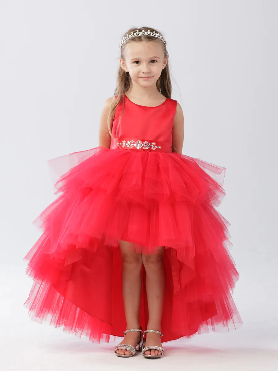 Tip Top 5658 Girls Layered Tulle High Low Skirt Formal Dress Satin Formal Gown Flower Girl