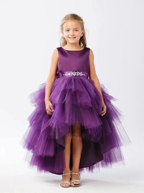 Tip Top 5658 Girls Layered Tulle High Low Skirt Formal Dress Satin Formal Gown Flower Girl