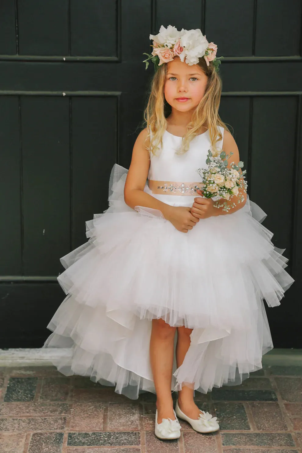 Tip Top 5658 Girls Layered Tulle High Low Skirt Formal Dress Satin Formal Gown Flower Girl