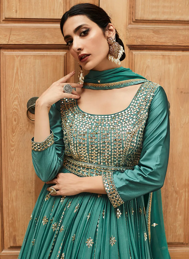 Turquoise Mirror Embroidery Georgette Anarkali Suit