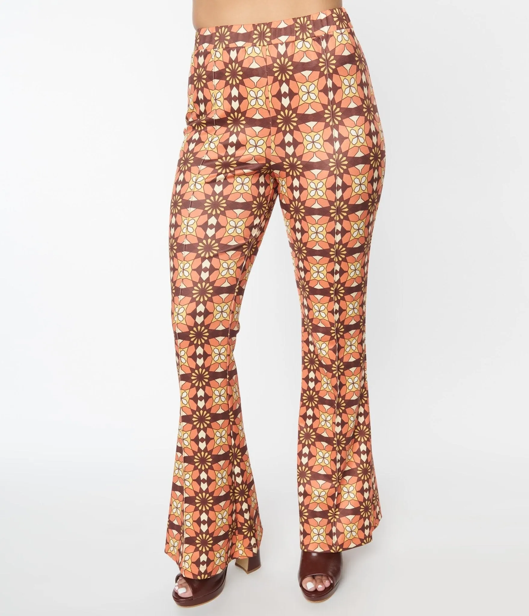 Unique Vintage 1970s Orange & Brown Mosaic Flare Pants