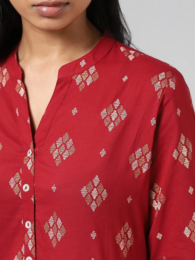 Utsa Red Geometric Printed Straight Kurta