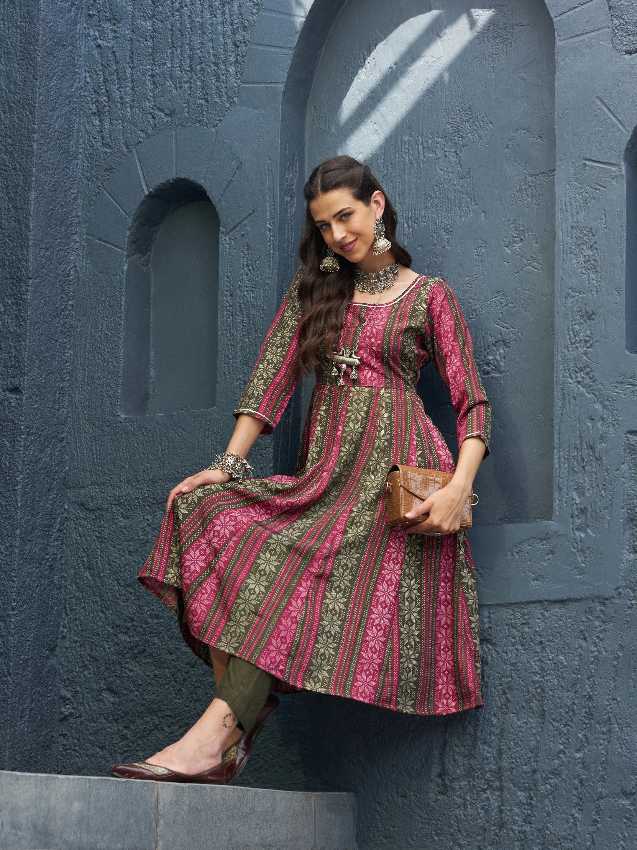 Women Maroon Geo Floral Anarkali Kurta With Olive Pants