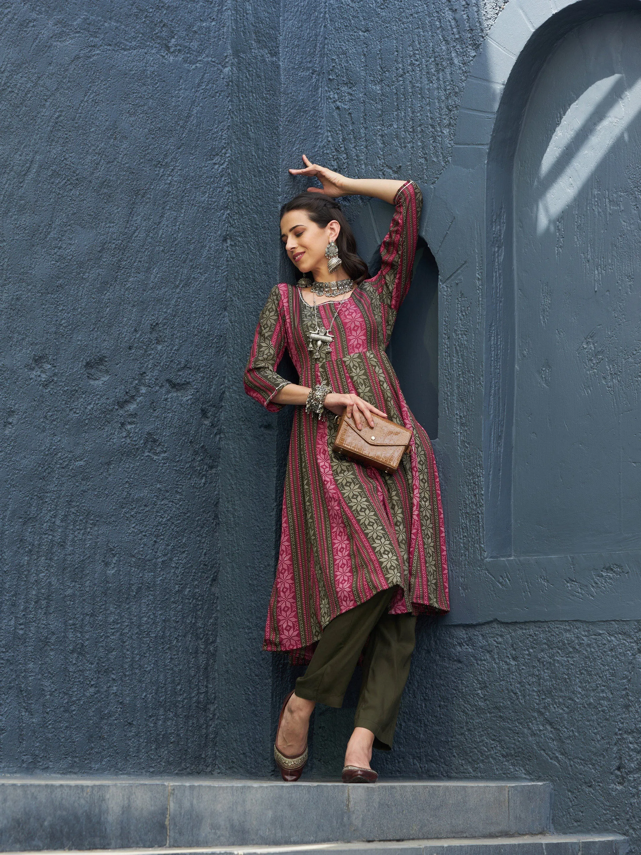 Women Maroon Geo Floral Anarkali Kurta With Olive Pants