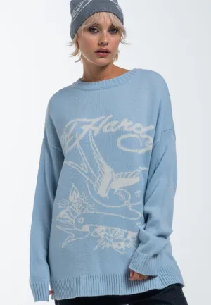 Womens Love Bird Jaquard Knitted Jumper - Blue