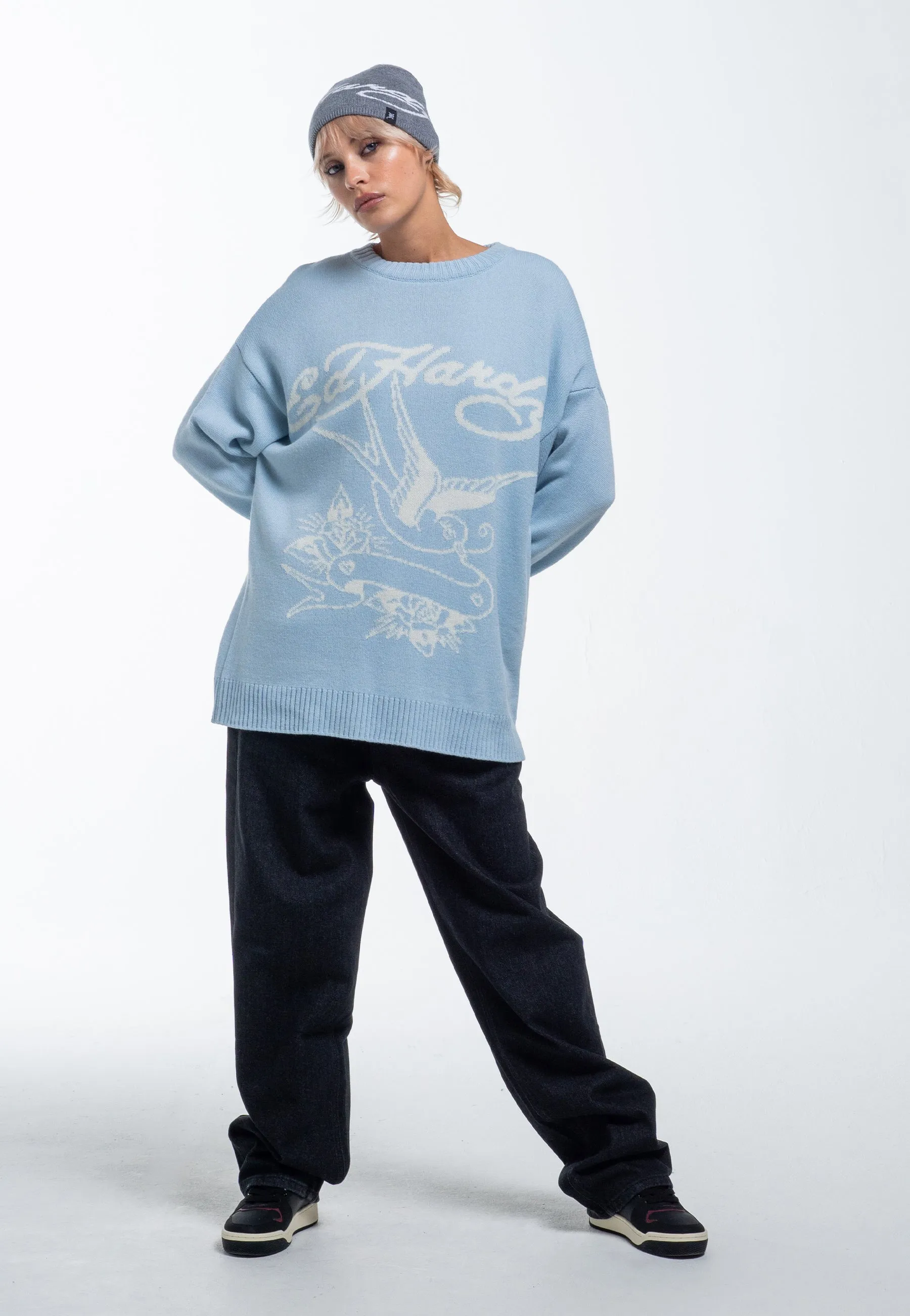 Womens Love Bird Jaquard Knitted Jumper - Blue