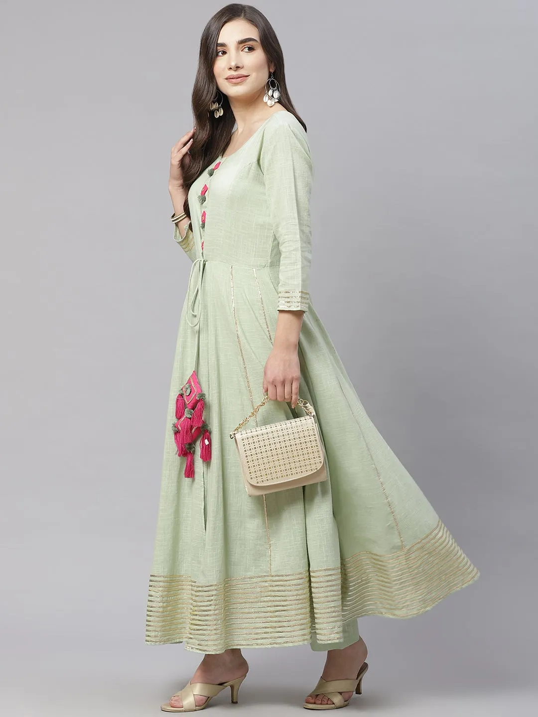 Women'S Pastel Green Flaired Cotton Kurta With Pants