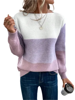 Women's Patchwork Sweater - Elegant Three-Color Knitted Jumper, Loose Fit, Thick Warm Casual Top for Autumn Winter