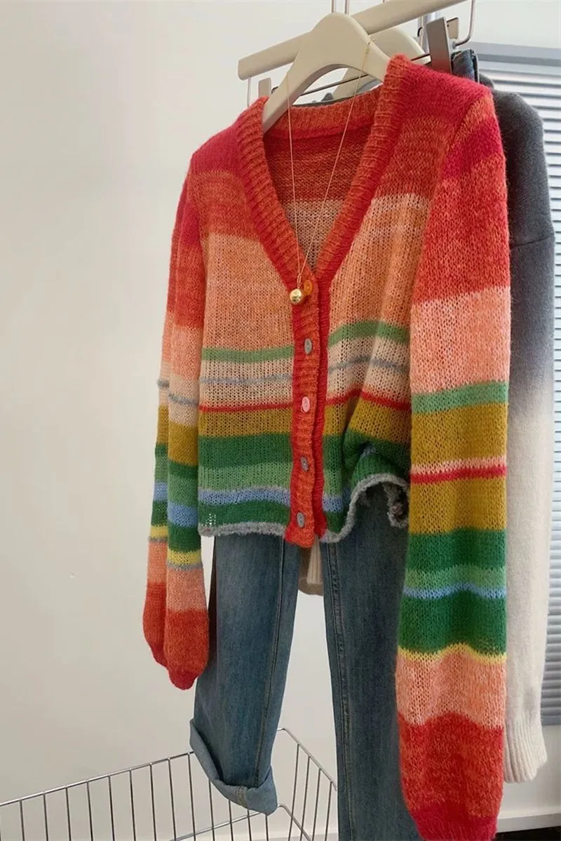 Wool Blend Pastel Rainbow Color Block Ombre Cardigan