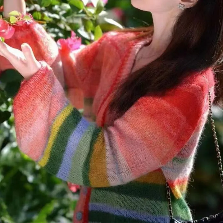 Wool Blend Pastel Rainbow Color Block Ombre Cardigan