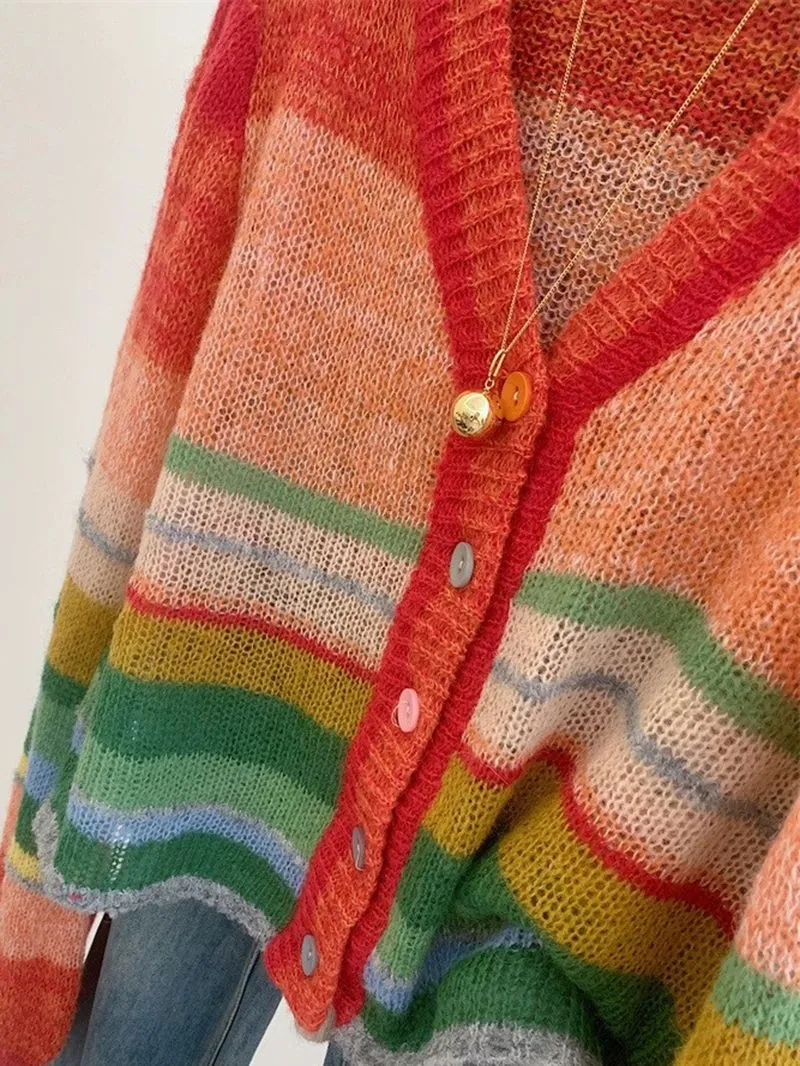 Wool Blend Pastel Rainbow Color Block Ombre Cardigan