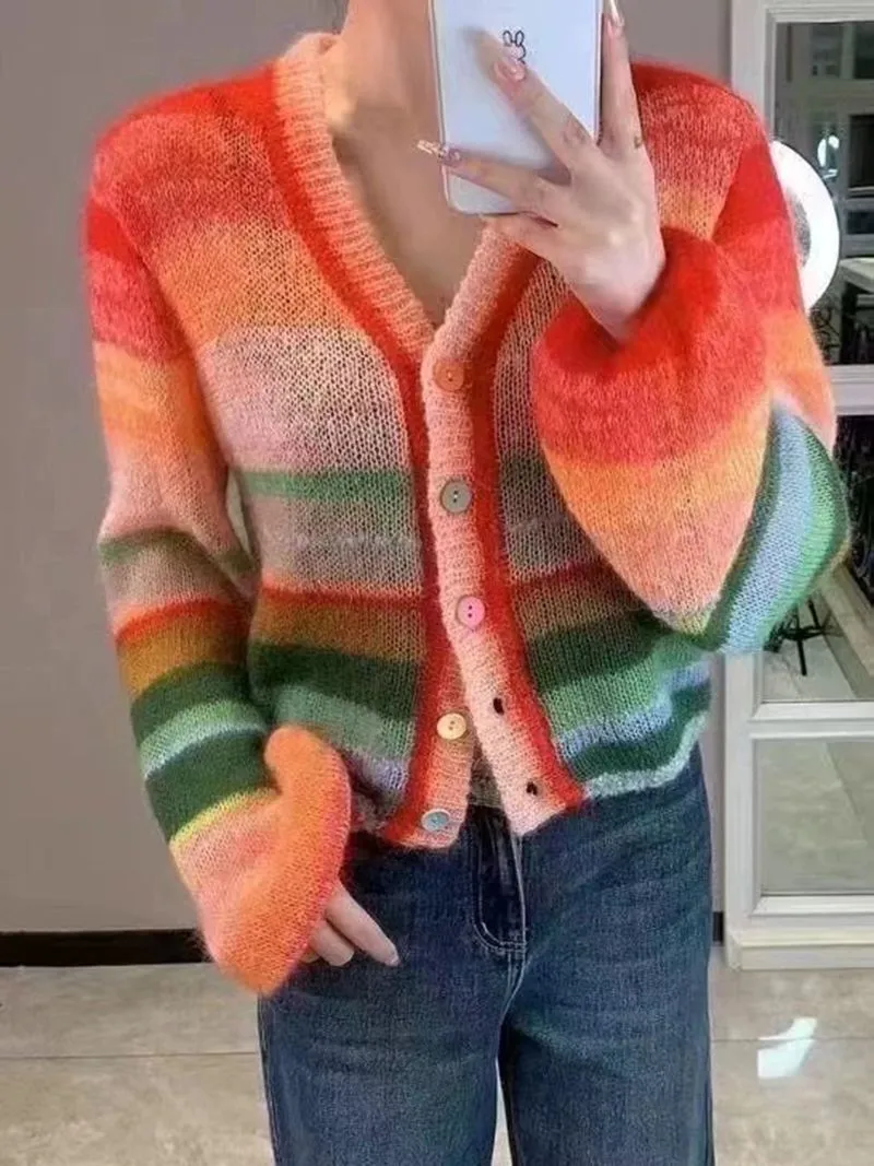 Wool Blend Pastel Rainbow Color Block Ombre Cardigan