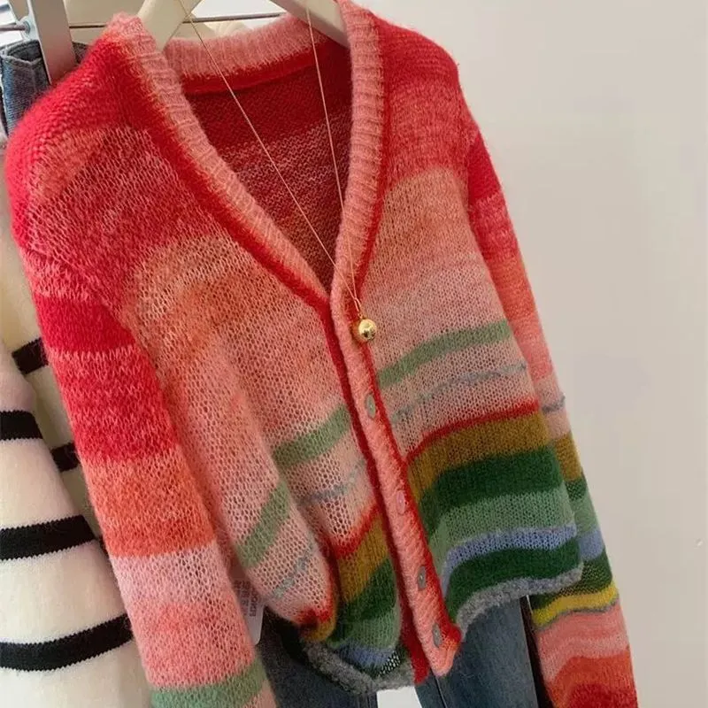 Wool Blend Pastel Rainbow Color Block Ombre Cardigan