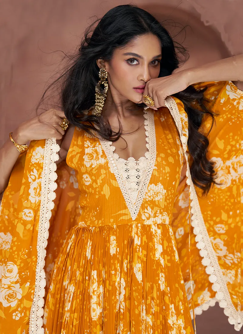 Yellow Crochet Embroidery Flared Anarkali Suit